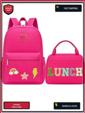 Girls Backpack & Lunch Bag Set with Chenille Patch, Oxford Material, Preppy